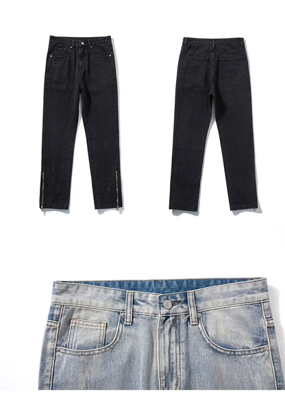 2024 Spring Autumn Korean Men Fashionable Retro Street Jeans Zip Design on Trouser Legs Straight-leg Denim Pants Men's Clothing