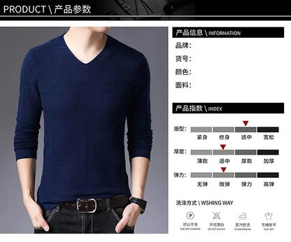 Autumn Winter New Men V-neck Pullover Sweaters Plaid Casual Korean Clothing Tees Fashion Slim Long Sleeve Bottoming Knitted Tops