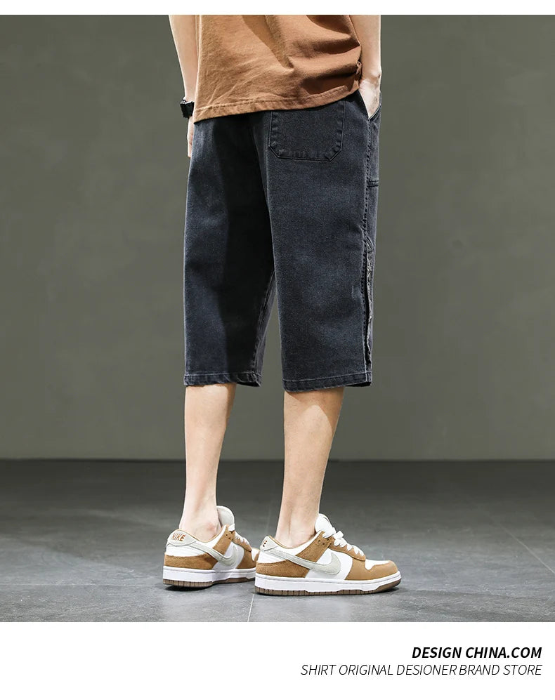 Korean Style Men's Long Shorts 3/4 Length Denim Bermuda Male Big Plus Large Size Jeans Fashion Below Knee Streetwear Loose Baggy