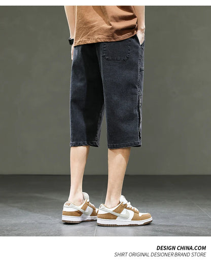 Korean Style Men's Long Shorts 3/4 Length Denim Bermuda Male Big Plus Large Size Jeans Fashion Below Knee Streetwear Loose Baggy