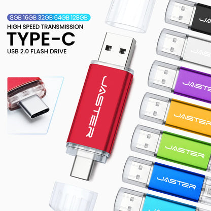 JASTER High Speed TYPE C 2in1 USB Flash Drive 64GB Metal Pen Drive Smart Phone Car TV 8GB Office Gift Memory Stick Fast Delivery