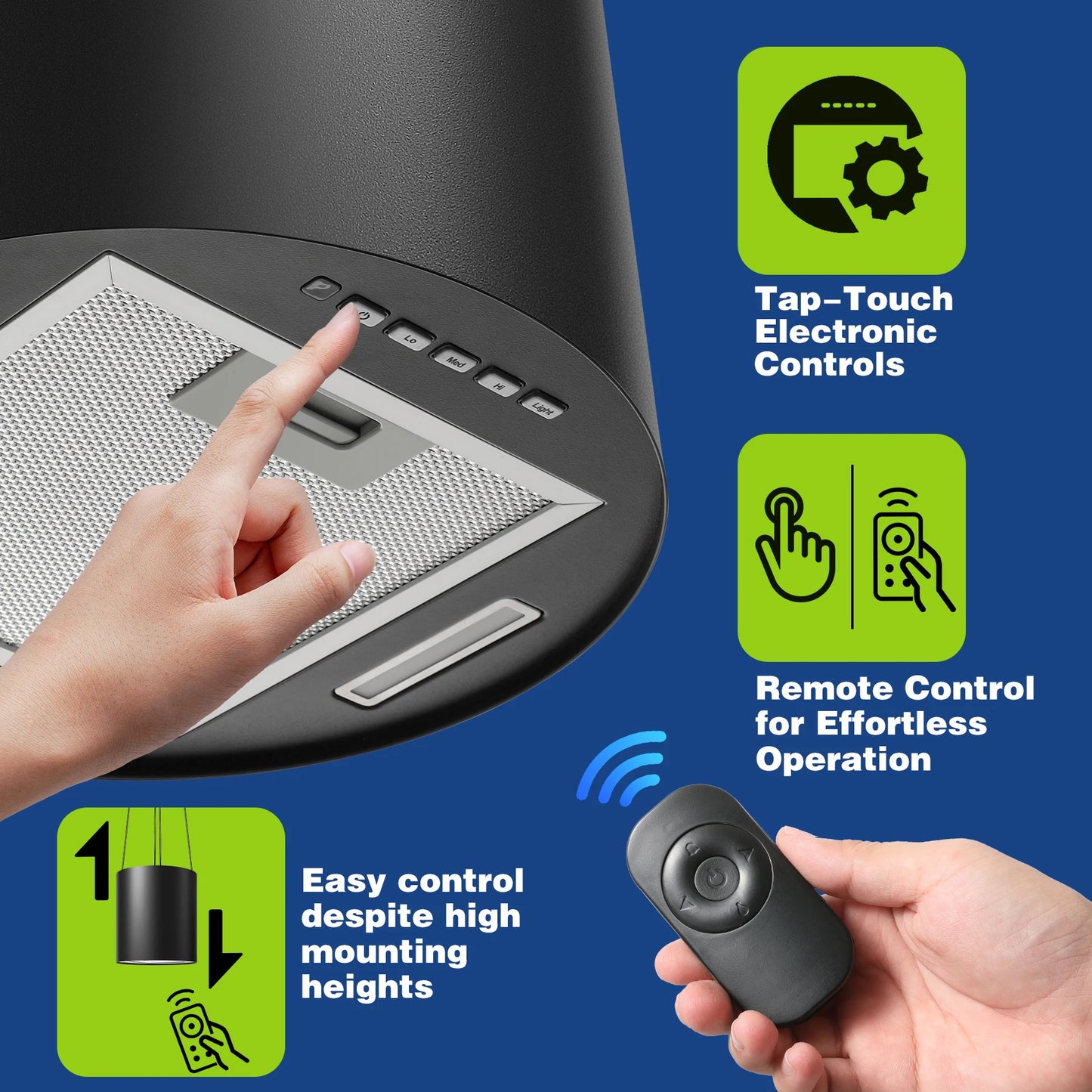 Island Hood 700/800m³/h, A+ Energy, 5-Layer Filter, LED, Ductless, Black, CE, Push Button