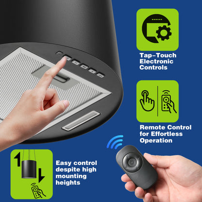 Island Hood 700/800m³/h, A+ Energy, 5-Layer Filter, LED, Ductless, Black, CE, Push Button