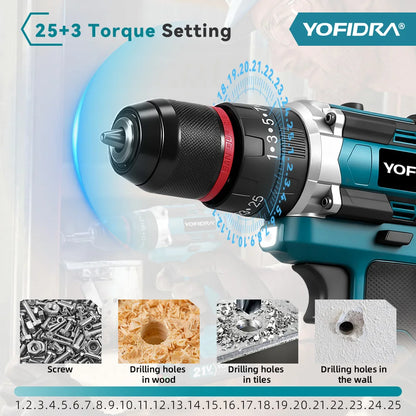 YOFIDRA 3 IN 1 25+3 Torque Electric Impact Drill  Handheld Cordless Impact Drill Woodworking Power Tool For Makita Battery Pin