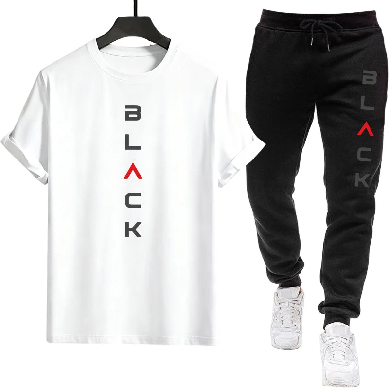 Black Letter Print Mens Tracksuit T-shirt + Pants Urban Causal Sports Outfit Male Spring Summer Home Outdoor Comfort Tees Set