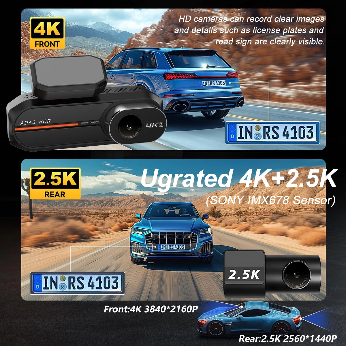 4K 3840*2160P Dash Cam WiFi GPS ADAS Front 4K Rear 2.5K DVR Video Recorder 24H Night Vision Dashcam Car Camera For Car Black Box
