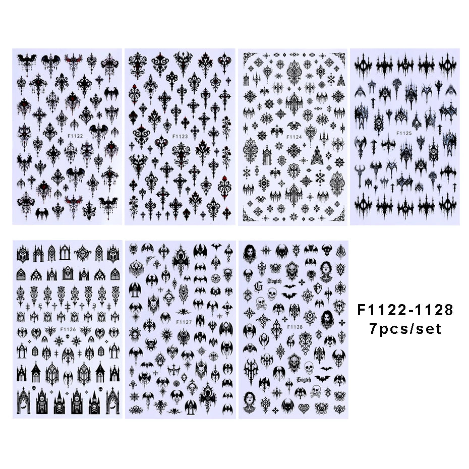 7/8pcs 3D Gothic Black Halloween Nail Stickers Cool Design Alphabet Letter Lace Castle Skull Y2K Manicure Decoration Accessories