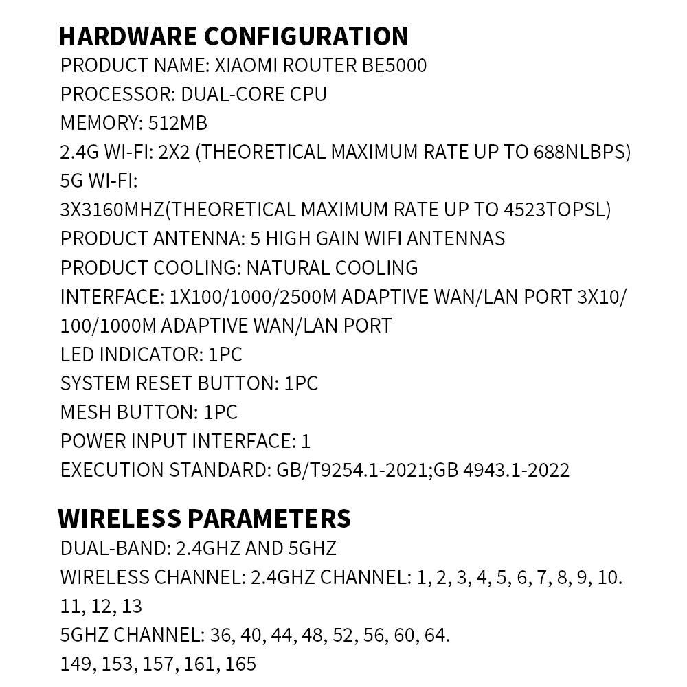 New XIAOMI Router BE5000 WiFi 7 5011Mbps 2.5GHz Network Port 512MB Memory Dual Broadband Access Network Security Protection  -CN