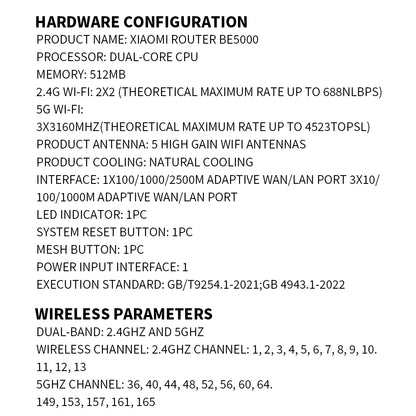 New XIAOMI Router BE5000 WiFi 7 5011Mbps 2.5GHz Network Port 512MB Memory Dual Broadband Access Network Security Protection  -CN