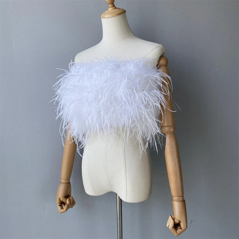 Jaxmonoy New Women Ostrich Feather Tube Spring Summer Sexy Stretch Top Bra Lady Party Wedding Fashion Sleeveless Cropped Top