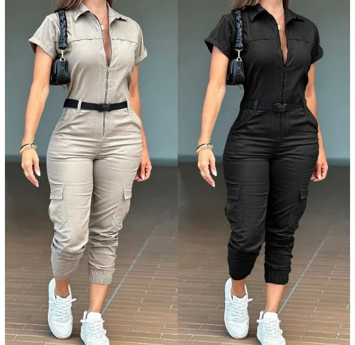 Fashion Women's Jumpsuit New Sexy Zipper Workwear Short Sleeved Lapel Multi Pocket Waistband Bodysuit Pants Female 2024 Summer