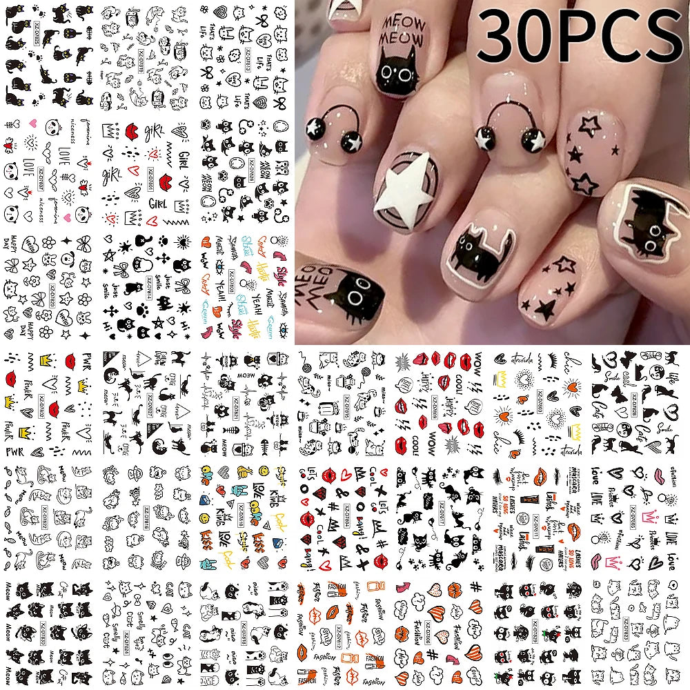 30pcs/set 3D Cartoon Cat Nail Art Stickers Black Graffiti Animal Bow Star Heart Nail Decals Kawaii Self-adhesive Manicure Slider