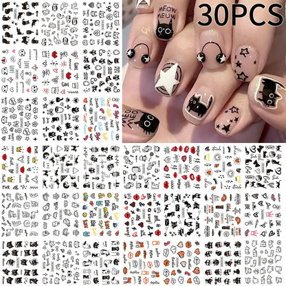 30pcs/set 3D Cartoon Cat Nail Art Stickers Black Graffiti Animal Bow Star Heart Nail Decals Kawaii Self-adhesive Manicure Slider