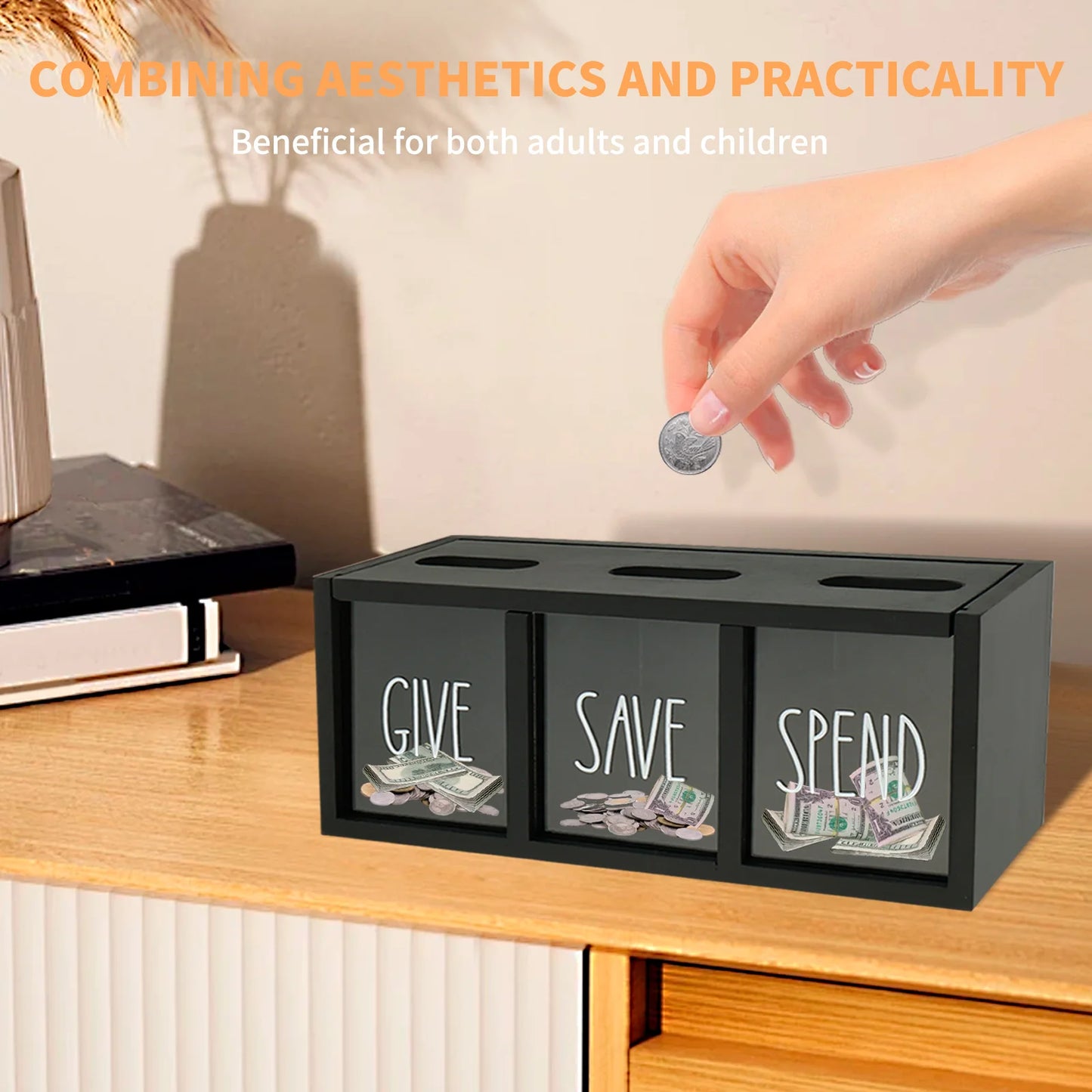 3 Grids Wall-mounted Save Spend Bank Visualized Money Saving Box Wooden Piggy Bank Give Save Spend Money Boxes for Kids Adults