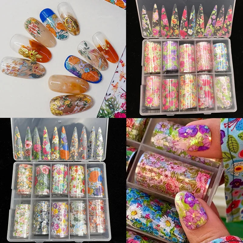 New Flower Nail Foils for Transfer Paper Stickers Floral Adhesive Fruit Nails Wraps Fish DIY Water Marble Nail Art Decorations