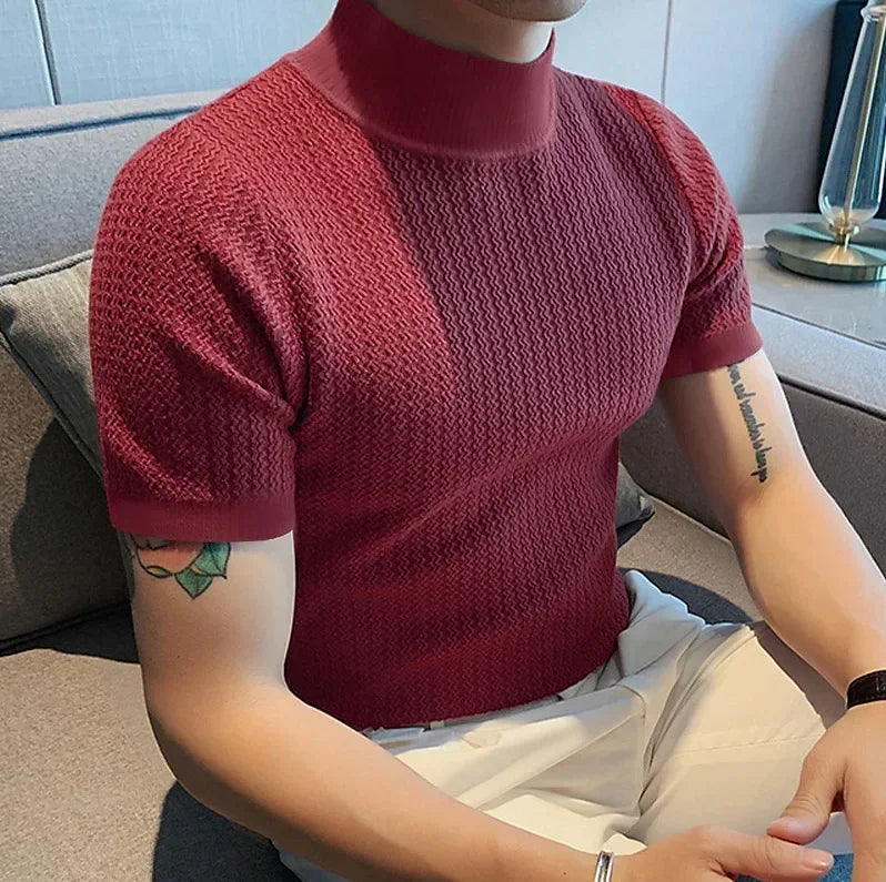Summer New Casual Simple Knitted Base Shirt European and American Men's High Neck Water Ripple Solid Color T-Shirt