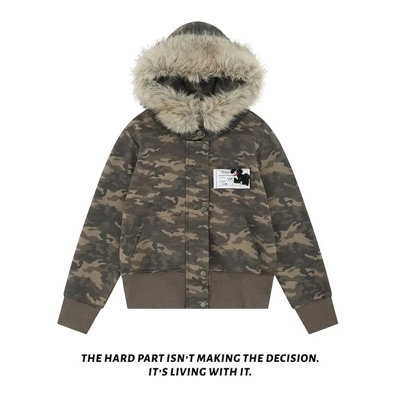 Casual Y2K Vintage Streetwear Slim Fit Winter Coat Fur Collar Hoodie Jacket American Retro Warm Outerwear Women Girls Ladies New