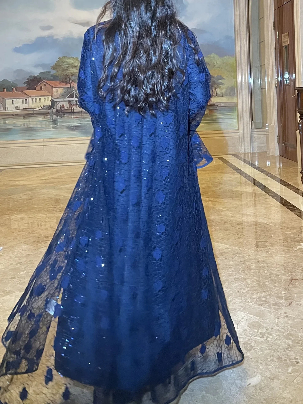 Muslim Women Abaya Dress 2 Piece Set Flare Sleeve Lace Sequin Satin Morocco Caftan Dress Musulman Ensembles Cadigan Outfit Suits