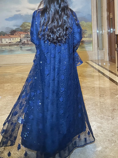 Muslim Women Abaya Dress 2 Piece Set Flare Sleeve Lace Sequin Satin Morocco Caftan Dress Musulman Ensembles Cadigan Outfit Suits