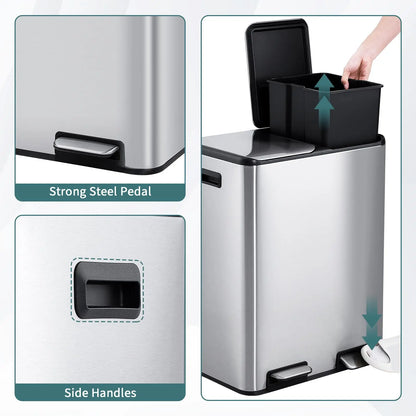 2 * 30L Stainless Steel TrashCan Dual Classification Foot Pedal Bins - Soft Close Lid/Removable Liner Buckets Recycling Solution