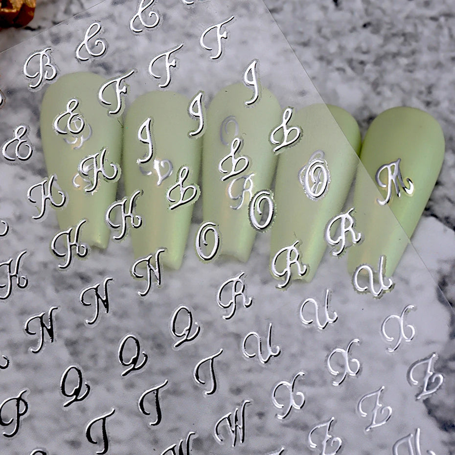 4pcs Roman Letter Nail Stickers Golden Silver Black White Alphabet Design Self Adhesive Decal English Words DIY Manicure Decor