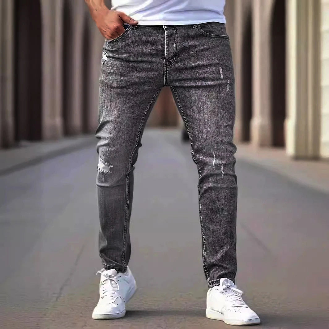 Men's American Retro Hole-Punched Stretch Slim Fit Jeans Zipper Casual Streetwear Denim Pants Classic Black Blue Skinny Trousers
