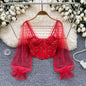 Women Chic Lace Mesh Sheer  Long Sleeve Backless Crop Top Solid Slim Sexy Korean Fashion Summer Women Shirt Square Collar