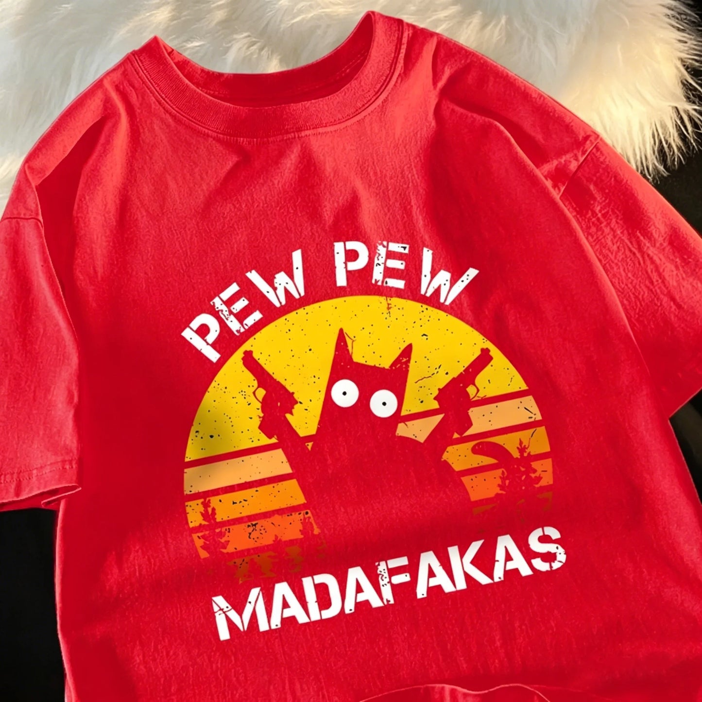 Pew Pew Madafakas Cat With Two Guns T-Shirts Man Street Summer Short Sleeve Harajuku Cotton Tshirt Oversized Breathable Tops