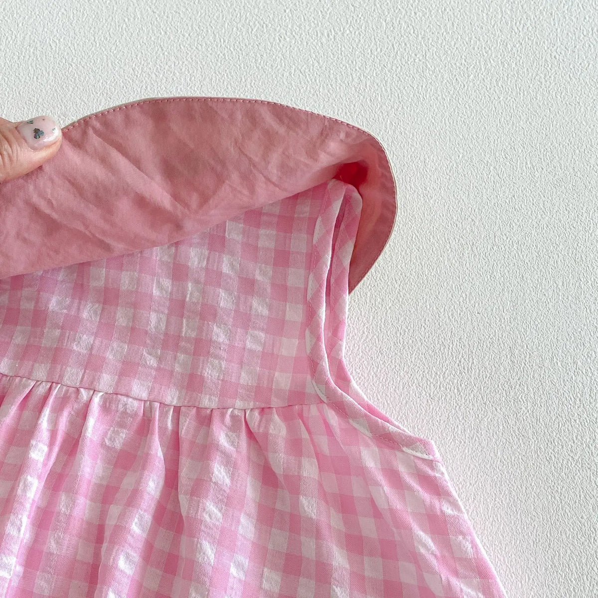 2026 Summer Childrens Clothes Watermelon Collar Baby Bodysuit with Patch Pockets Pink-white Check Girls Dress