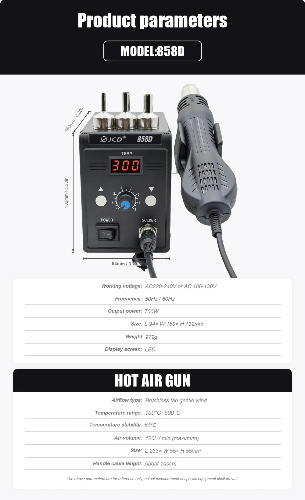 JCD Hot Air Gun 858D 700W BGA Rework Solder Station Soldering Heat Air Gun Station 220V / 110V For SMD SMT Welding Repair Tools