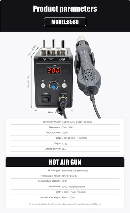 JCD Hot Air Gun 858D 700W BGA Rework Solder Station Soldering Heat Air Gun Station 220V / 110V For SMD SMT Welding Repair Tools
