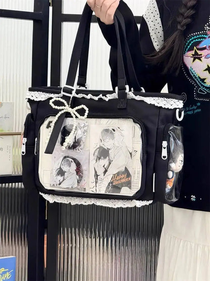 Japanese Sweet Women Ribbon Ita Bag Cute Lolita Girl Transparent Handbags Fashion Large Capacity Tote Bag Aesthetic Shoulder Bag