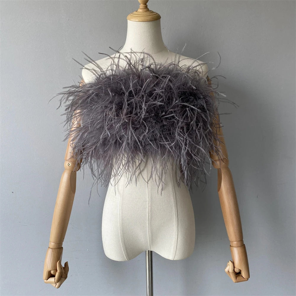 Jaxmonoy New Women Ostrich Feather Tube Spring Summer Sexy Stretch Top Bra Lady Party Wedding Fashion Sleeveless Cropped Top