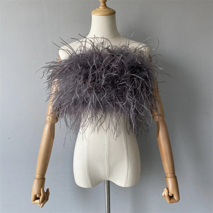 Jaxmonoy New Women Ostrich Feather Tube Spring Summer Sexy Stretch Top Bra Lady Party Wedding Fashion Sleeveless Cropped Top