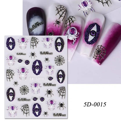 1sheet 5D Halloween Nail Stickers Pink/Green/Black Cartoon Pattern Nail Art Slider DIY For Sweet Cool Girl Cute Nail Decoration