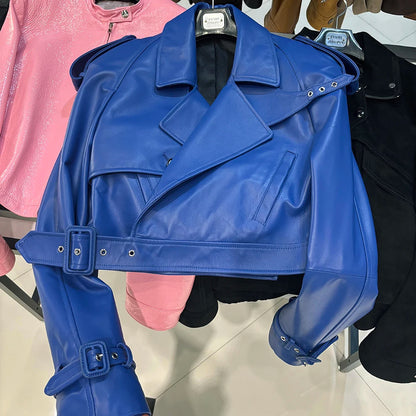 YOLOAgain Wide Shoulder Real Leather Jacket Women Oversized Genuine Leather Cropped Jacket