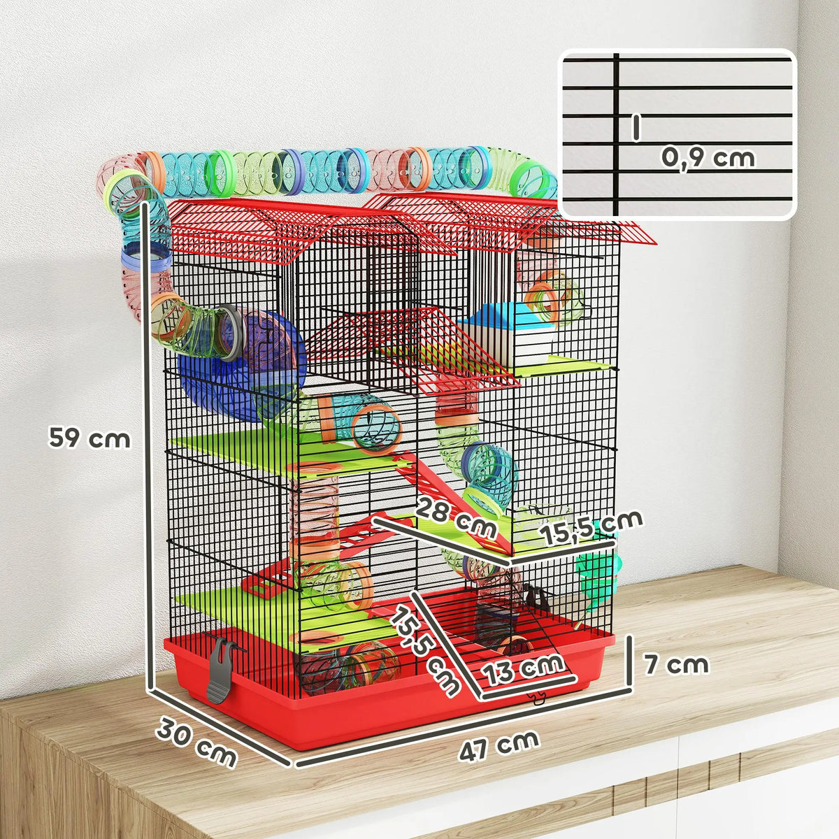 5-level metal hamster cage 47x30x59 cm with wheel, tunnel, house, ramps, drinking bowl & food dispenser for small animals