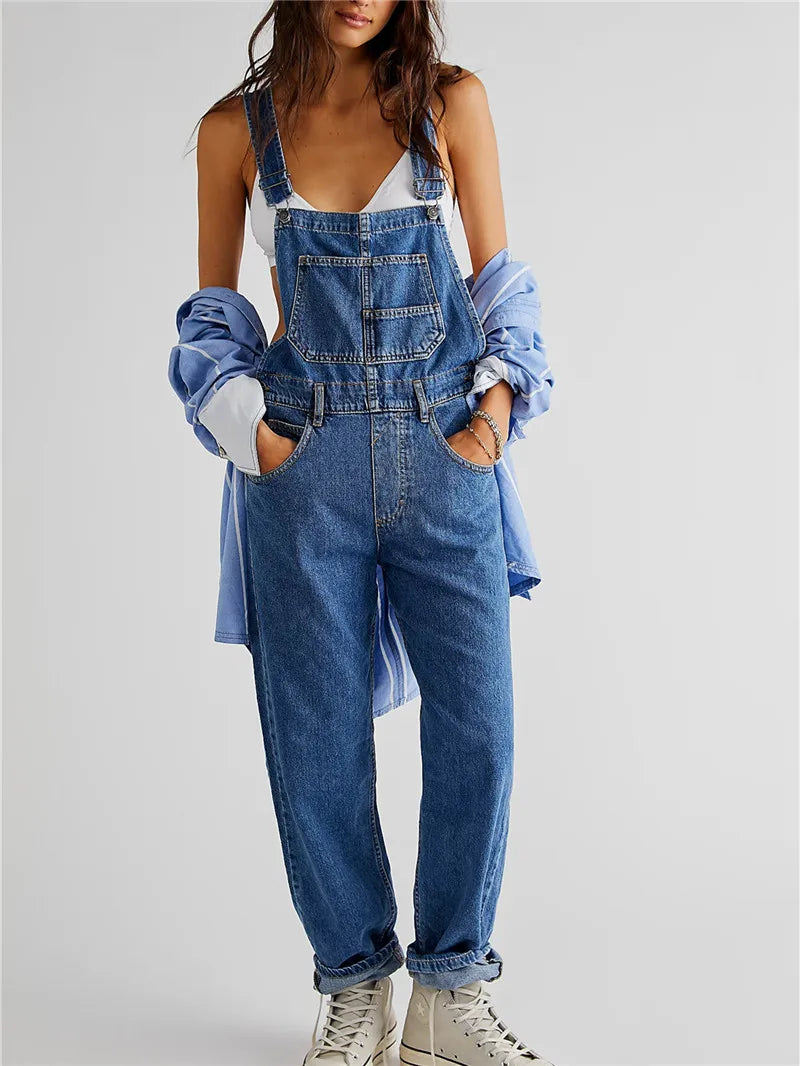 Fashion Jeans Overalls for Women Loose Fit Classic Bib Casual Jean Stretchy Denim Overall Jumpsuit Tapered Leg Jean Pants