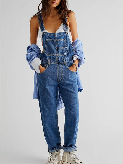 Fashion Jeans Overalls for Women Loose Fit Classic Bib Casual Jean Stretchy Denim Overall Jumpsuit Tapered Leg Jean Pants