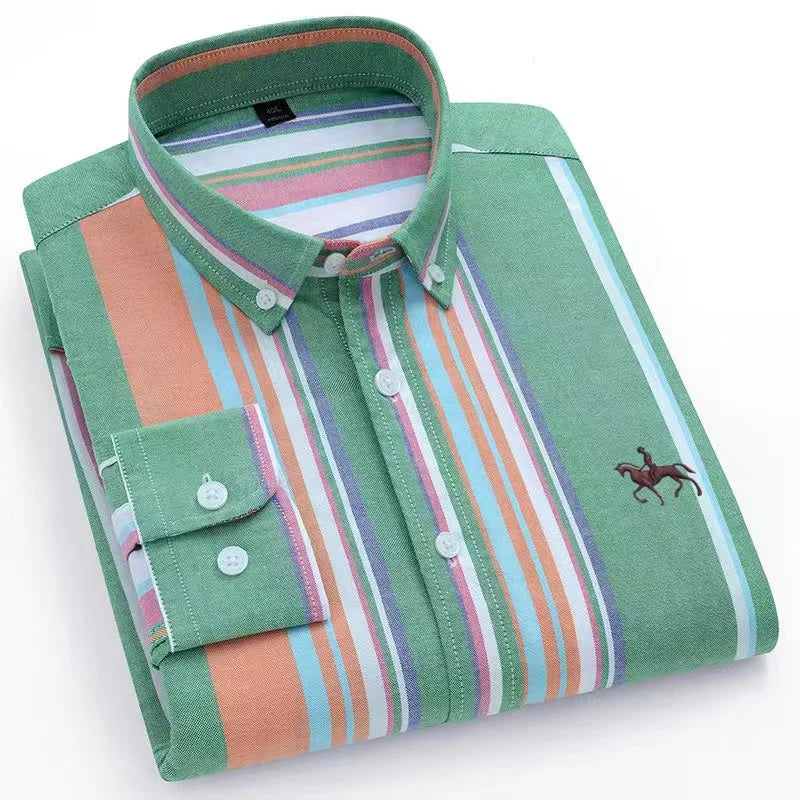 Basic Oxford Dress Shirt For Men Long Sleeve 100% Pure Cotton Solid  Casual Plaid Striped Social Business Male Regular-Fit S-6XL