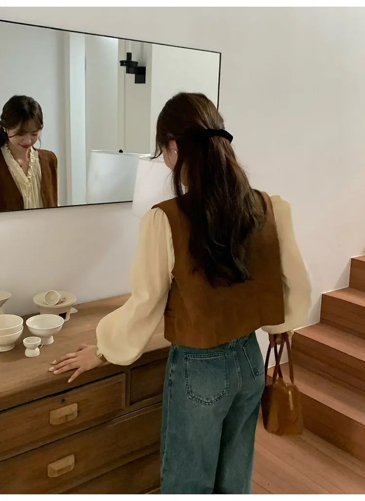 Retro Vests Women V-neck Single Breasted All-match Korean Style Spring Autumn Layering Outerwear Cozy Vintage Loose Comfortable