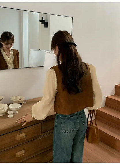 Retro Vests Women V-neck Single Breasted All-match Korean Style Spring Autumn Layering Outerwear Cozy Vintage Loose Comfortable