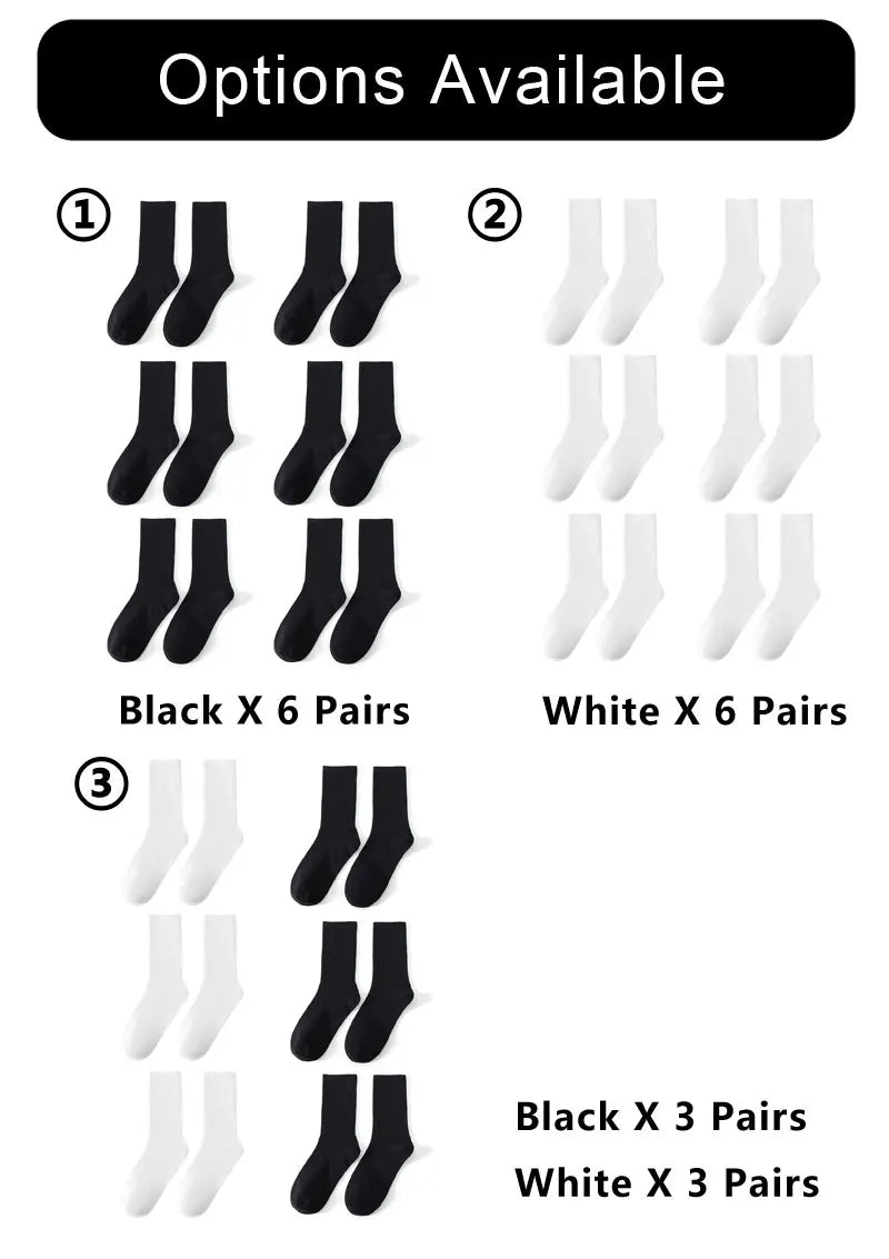 6/12 Pairs Middle Tube Socks For Men Solid Colour In White and Black Streetwear Harajuku Fashion Breathable and Casual Socks