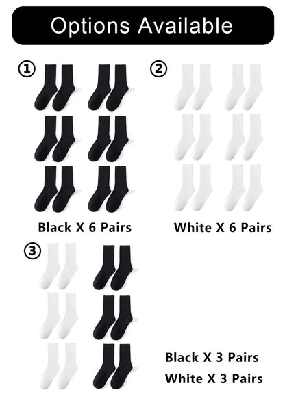 6/12 Pairs Middle Tube Socks For Men Solid Colour In White and Black Streetwear Harajuku Fashion Breathable and Casual Socks