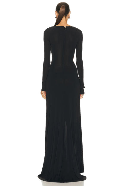 Sexy Hollow Out High Side Split See Through Mesh Long Sleeve Maxi Dress Luxury Brithday Prom Gown Party Club Fashion Dresses