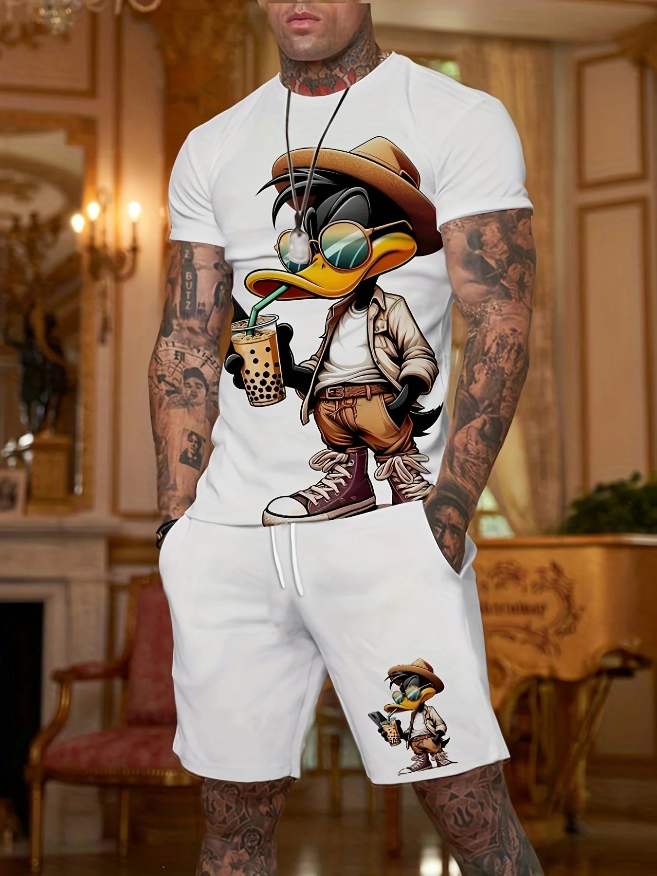 2026 Summer Casual Short-Sleeve Fashionable Breathable Sports Set Loose-Fit Quick-Dry Men's Short-Sleeve Hip-Hop Bear Print Set