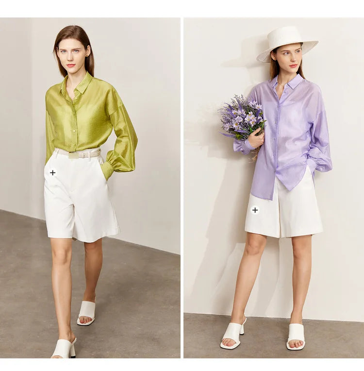 AMII Minimalist Blouse for Women 2023 Autumn Lantern Sleeve V-Neck Slightly Transparent Elegant Commuter Clothing Tops 72341030