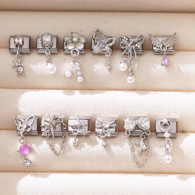 New Shiny Zircon Heart Butterfly Flower Star Bow Italian Charm Links Fit 9MM Stainless Steel Bracelet Girls' DIY Making Gift