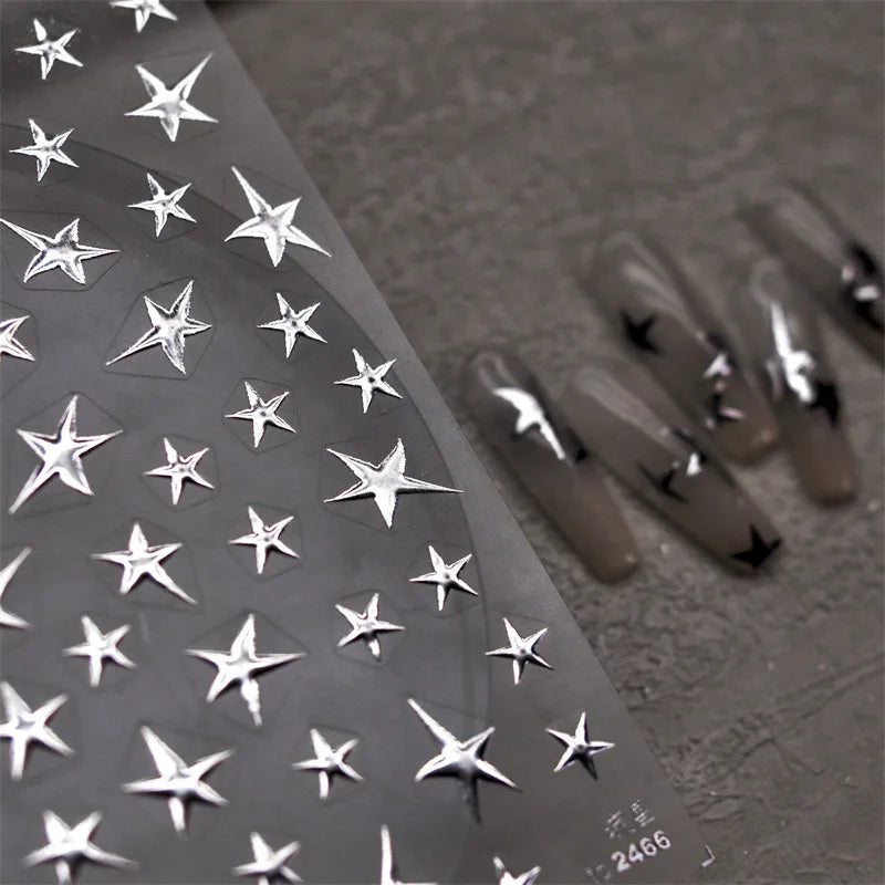 3D Bronzing Laser Silver Irregular Star Nail Decals Metallic Effect Silver Pentagram Nail Decals Adhesive Nail Art Star Stickers