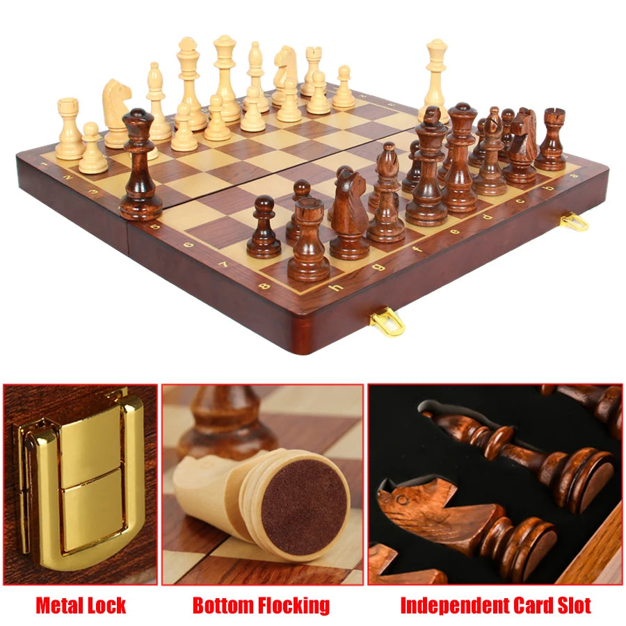 15" x 15" High-end Folding Chess Set Top Grade Classic Handwork Solid Wood Pieces Walnut Chessboard Children Gift Board Game